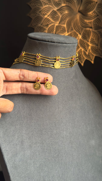 Microgold delicate South Indian Choker Set | Bridal Jewelry with Earrings |Traditional Lakshmi Coin Kasumala Temple Choker Set