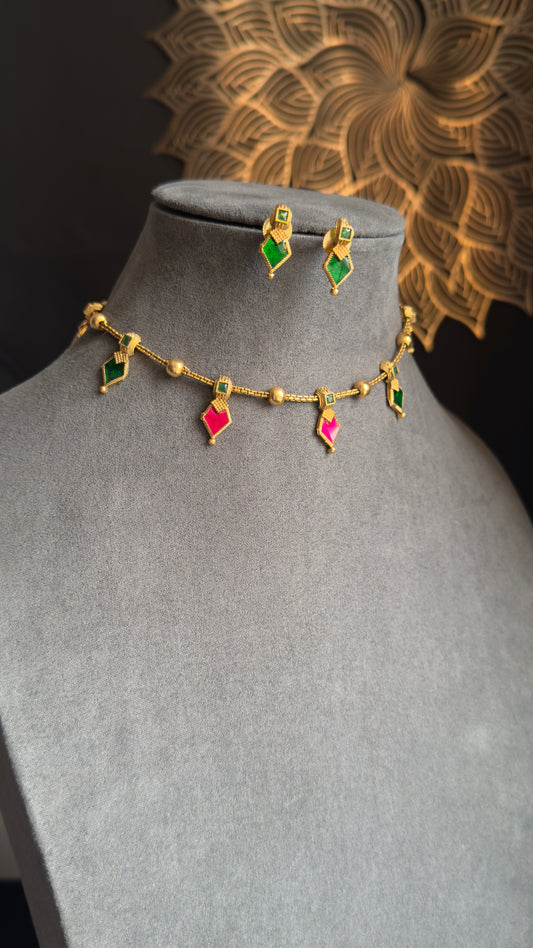 Dainty Kerala Palakka Nagapadam Inspired Choker Set | Ruby Green Enamel Necklace with Earrings | South Indian Traditional Jewelry