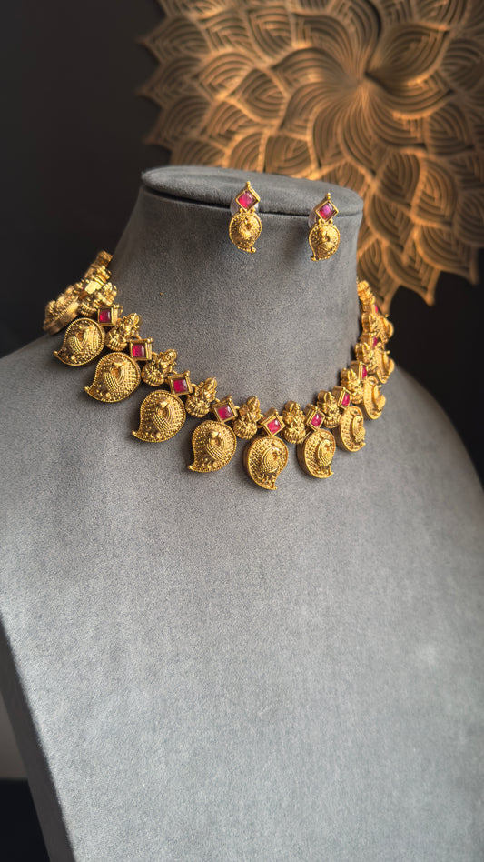 Panoply Kerala Lakshmi Peacock Manga Mala Choker Set | Traditional Mango Design Necklace & Earrings | Antique Gold Finish Temple Jewellery