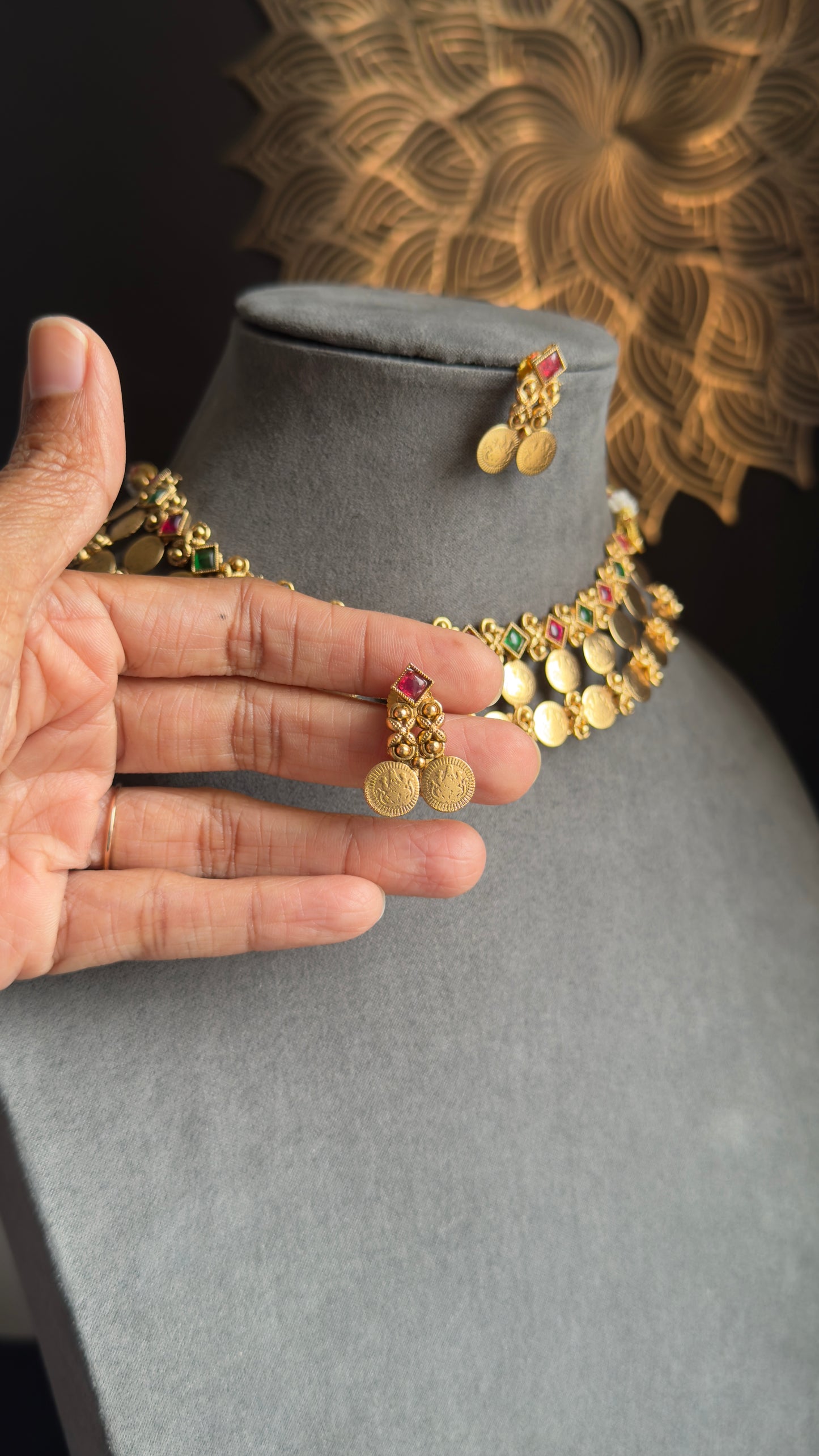 Panoply Kerala Kaasu Mala Choker Set | Traditional Coin Temple Jewelry with Ruby Green Stones | Lakshmi Coin Necklace & Earrings
