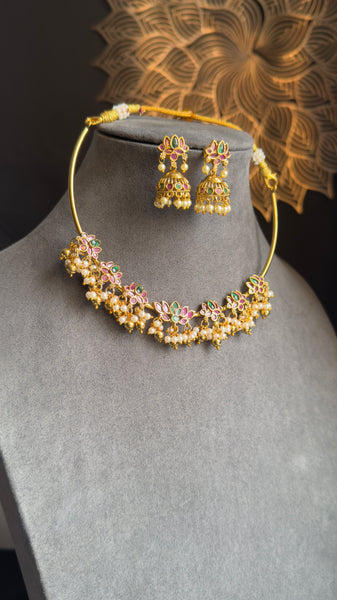 PANOPLY Hasli Tube Lotus Floral Necklace with Jhumka Earrings Temple Jewelry Pearl Choker Set |  | South Indian Bridal Jewelry