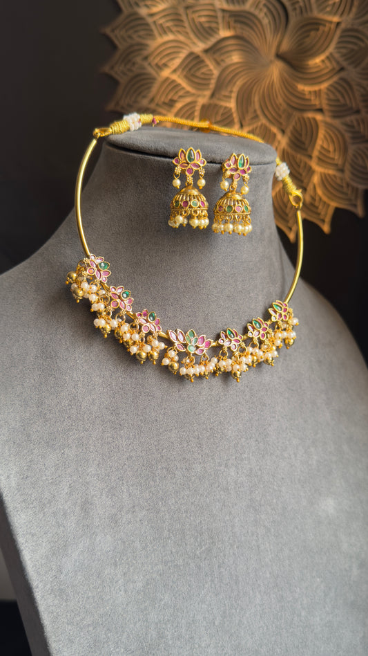 PANOPLY Hasli Tube Lotus Floral Necklace with Jhumka Earrings Temple Jewelry Pearl Choker Set |  | South Indian Bridal Jewelry