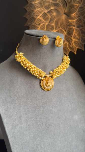Panoply Hasli tube Lakshmi Pearl Choker Set | Gutta Pusalu Style Temple Necklace with Lakshmi Stud Earrings | South Indian Bridal Jewelry