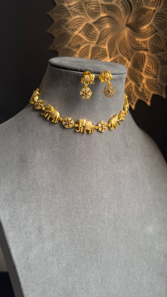 Elephant Motif Necklace Set, Antique Gold - FUSION