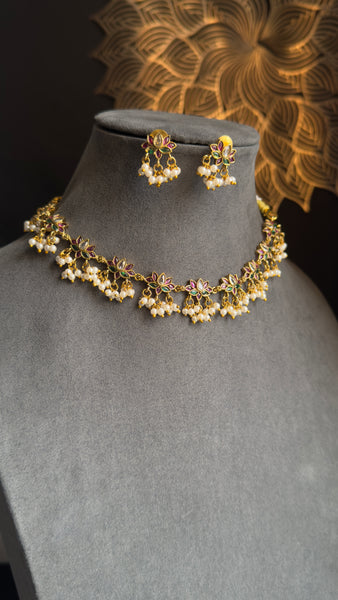 Panoply South Indian DAinty Lotus Necklace Set | Floral Pearl Choker with Earrings | Traditional Bridal Jewelry | South Indian Ruby Jewelry