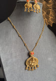 Panoply South Indian Lakshmi Mid length Pendant Necklace | Lightweight Temple Jewelry with Coral Accent & Earrings