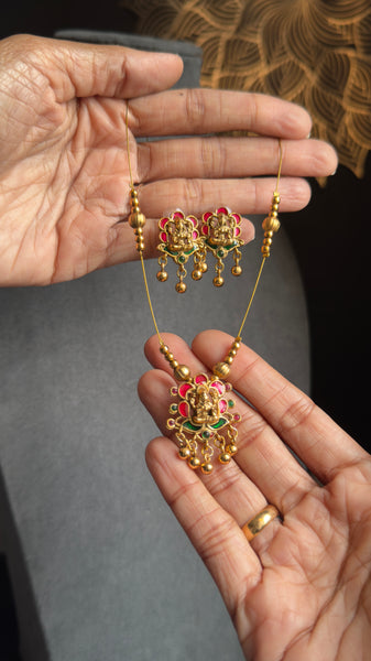 Panoply South Indian Invisible Lakshmi Pendant Necklace | Lightweight Temple Jewelry with Coral Accent & Earrings