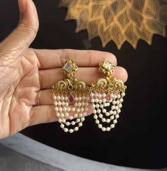 Curtain South Indian Pearl Earrings | Bridal Jewelry with Ruby & Kundan Stones | Temple Style Long Earrings | SOuth Indian earring