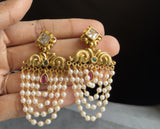 Curtain South Indian Pearl Earrings | Bridal Jewelry with Ruby & Kundan Stones | Temple Style Long Earrings | SOuth Indian earring