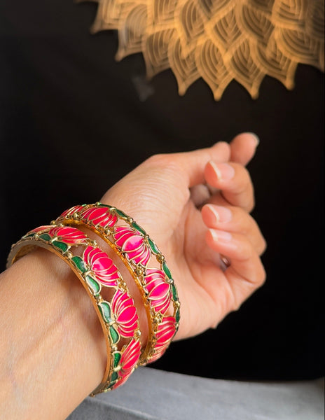 Set of 2 Lotus Gold Enamel hand painted Bangle South indian Jewelry Antique indian jewelry| South Indian Bangle Bracelet |Temple bangle