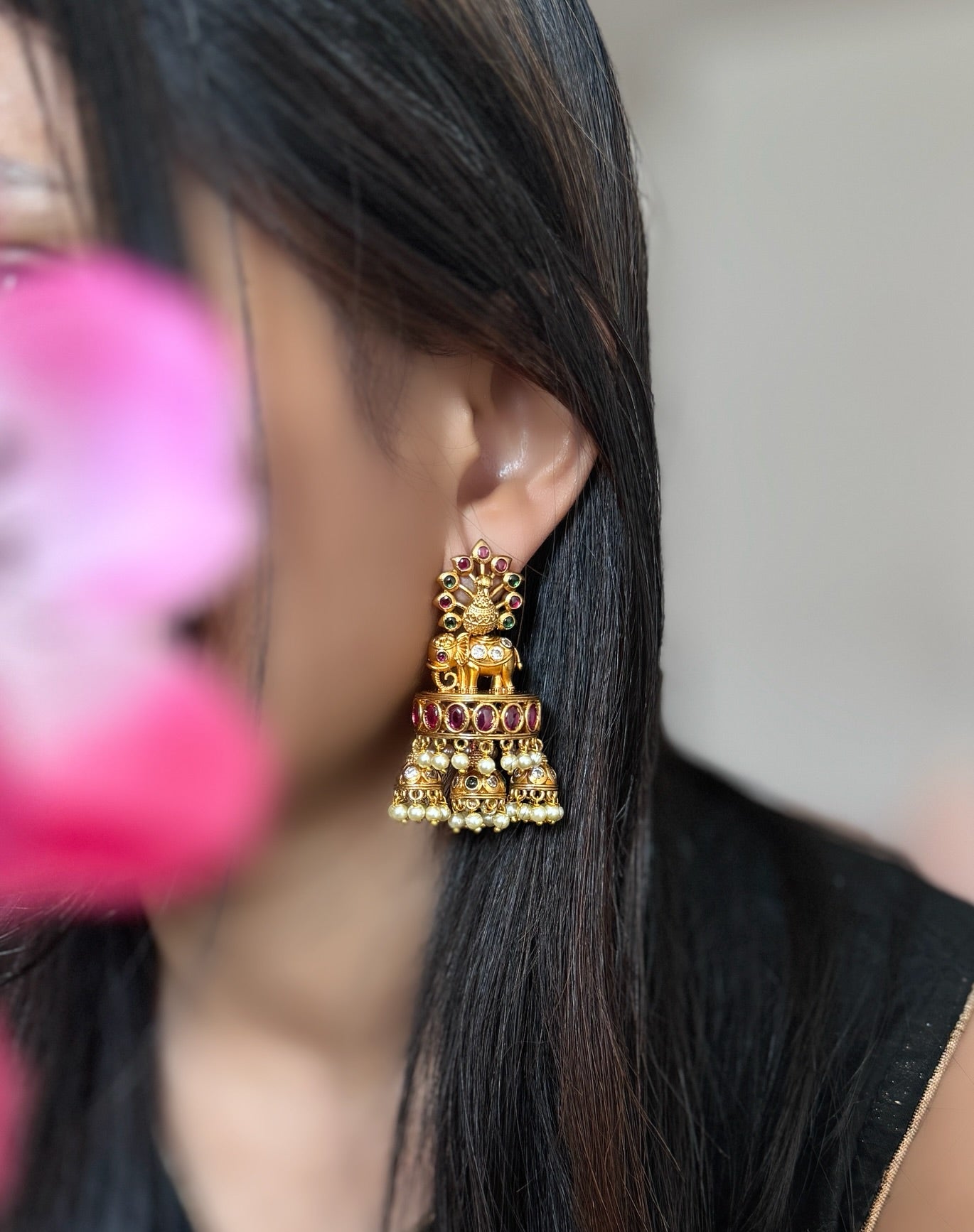 Elephant Gold Triple Jhumka Earrings - FUSION