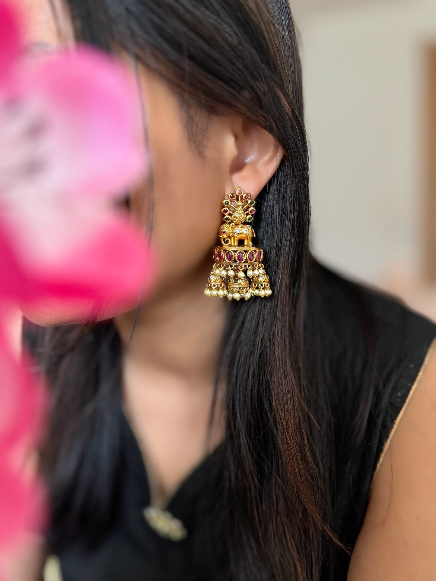 Elephant Gold Triple Jhumka Earrings - FUSION