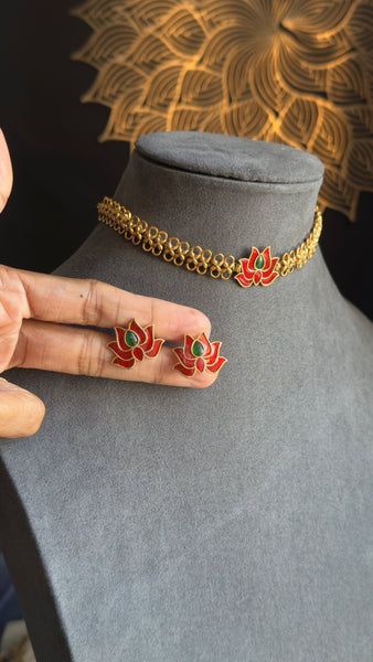 Best Selling Red Lotus Necklace with Earrings Lotus Necklace Set South Indian jewelery