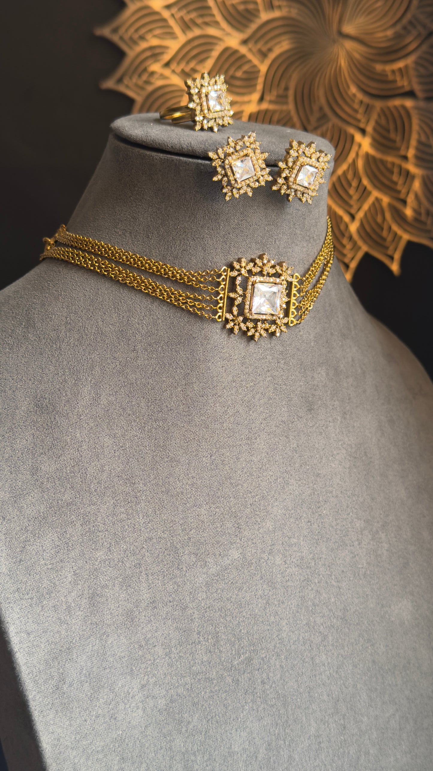 PANOPLY Gold Bead AD layer Party Choker Set South Indian Jewelry with stud and ring - FUSION