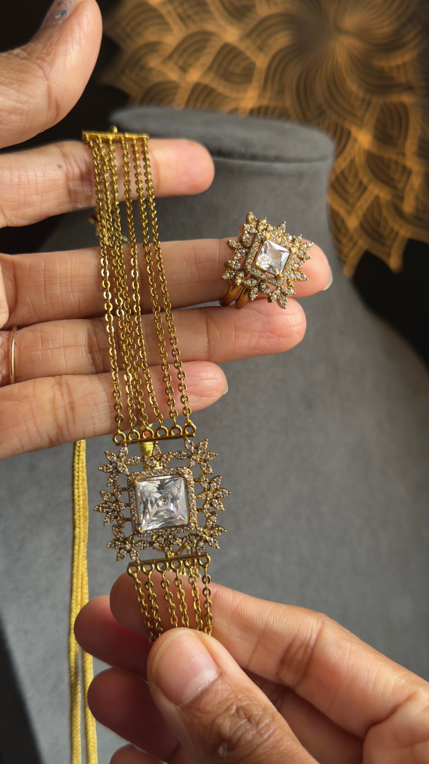 PANOPLY Gold Bead AD layer Party Choker Set South Indian Jewelry with stud and ring - FUSION