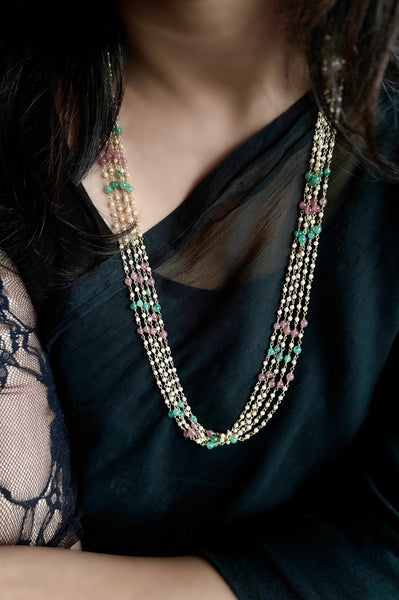 Long Pastel 5 Layered Pearl Necklace - LONG NECKLACE