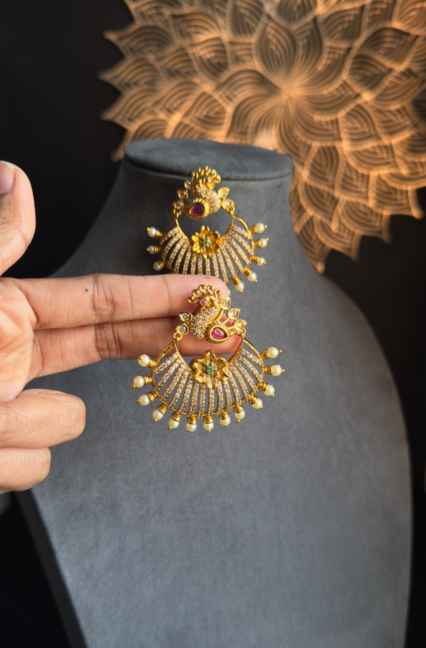 Peacock Design Gold-Plated Chandbali Earrings - TRADITIONAL
