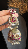 Dual-Tone Silver Statement Jhumka, Ruby & Pearl - FUSION