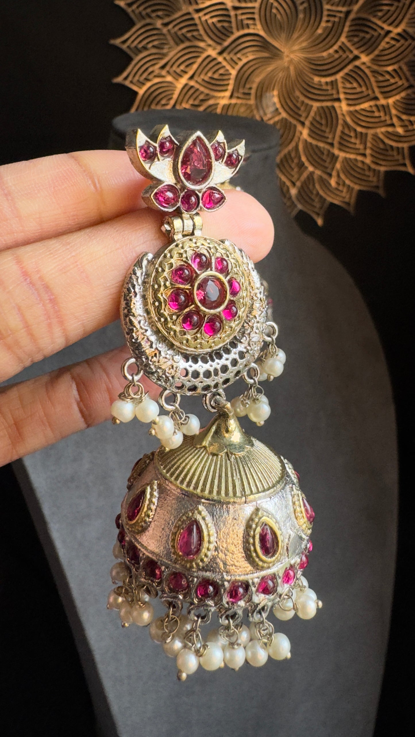 Dual-Tone Silver Statement Jhumka, Ruby & Pearl - FUSION