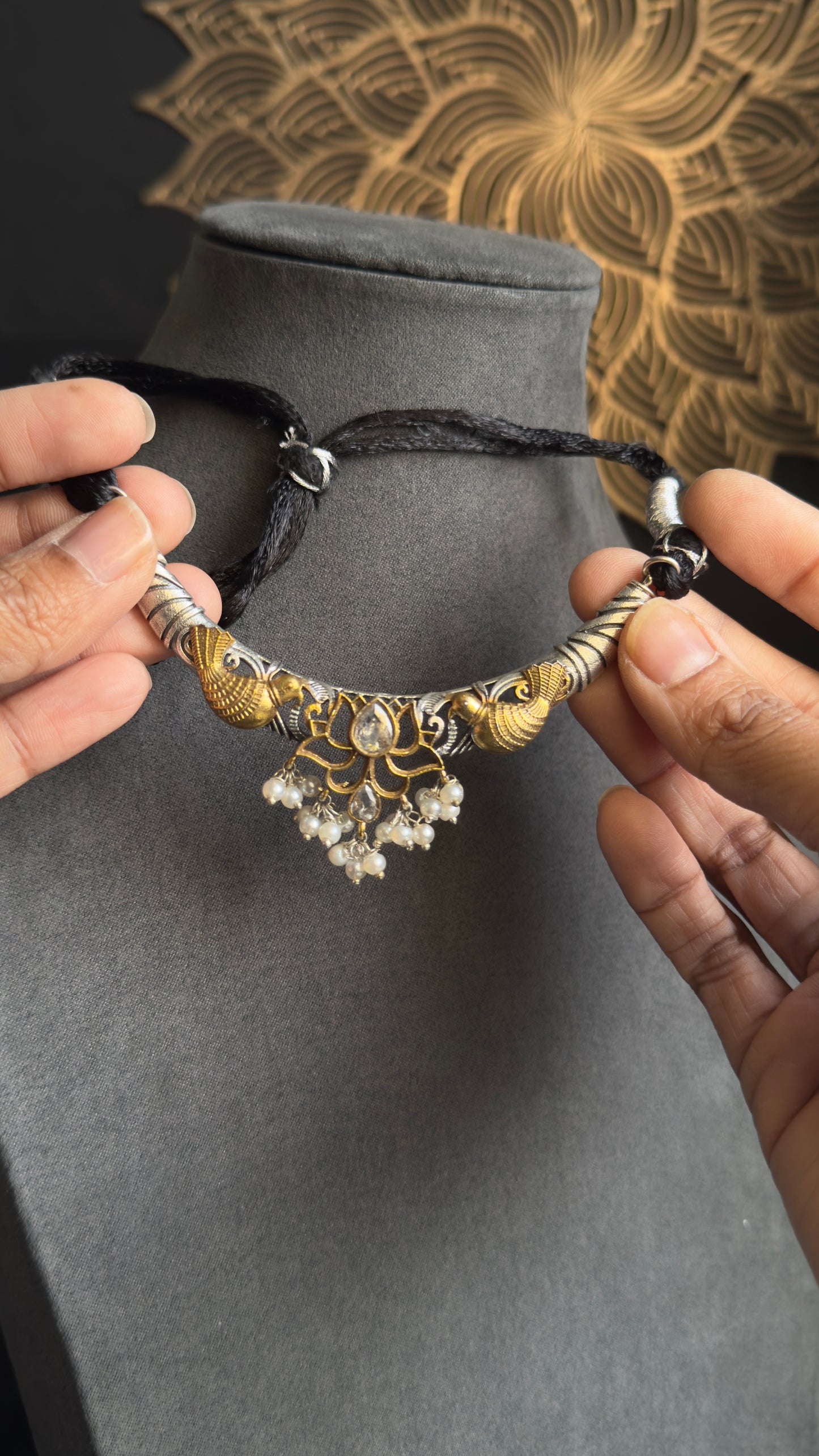 Pretty Dual Tone Silver Choker with dangler earrings - FUSION