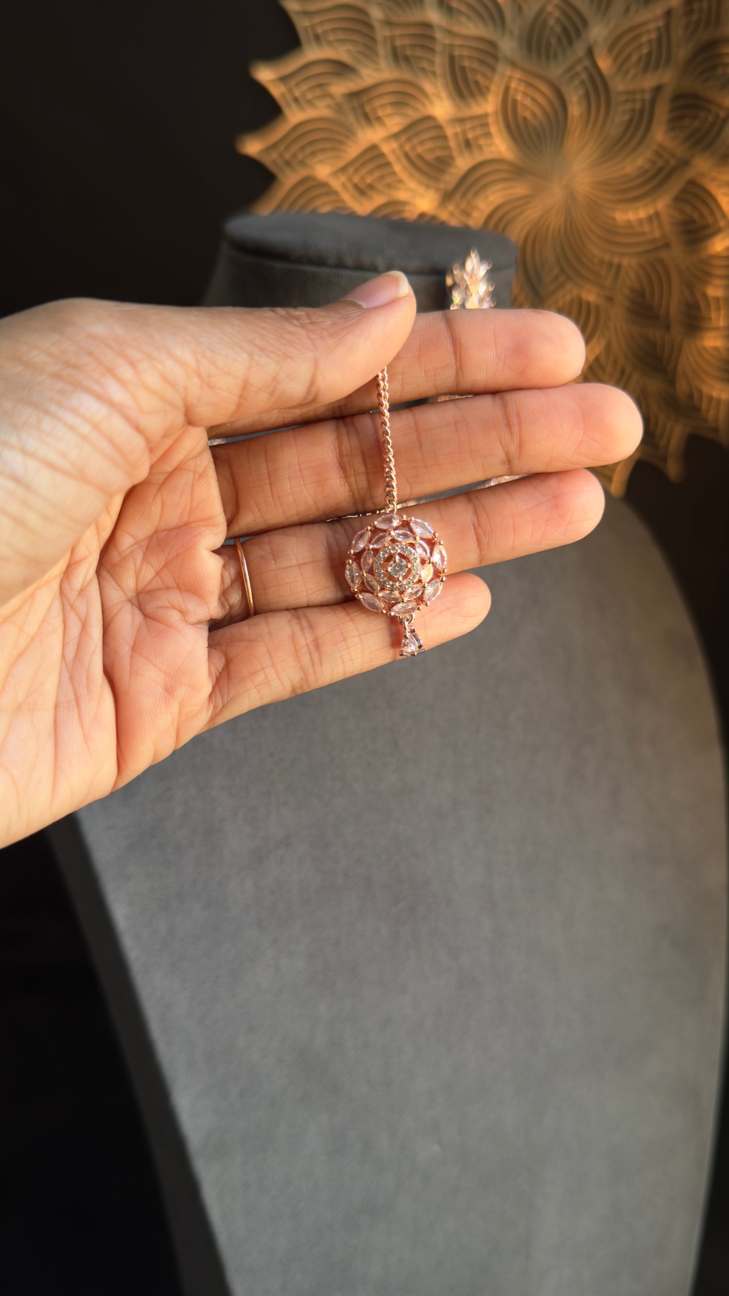 Rosegold Necklace Set with Jhumka & Tikka | CZ Stones - INDO WESTERN