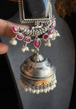 German Silver Lightweight Jhumka, Ruby & black - FUSION
