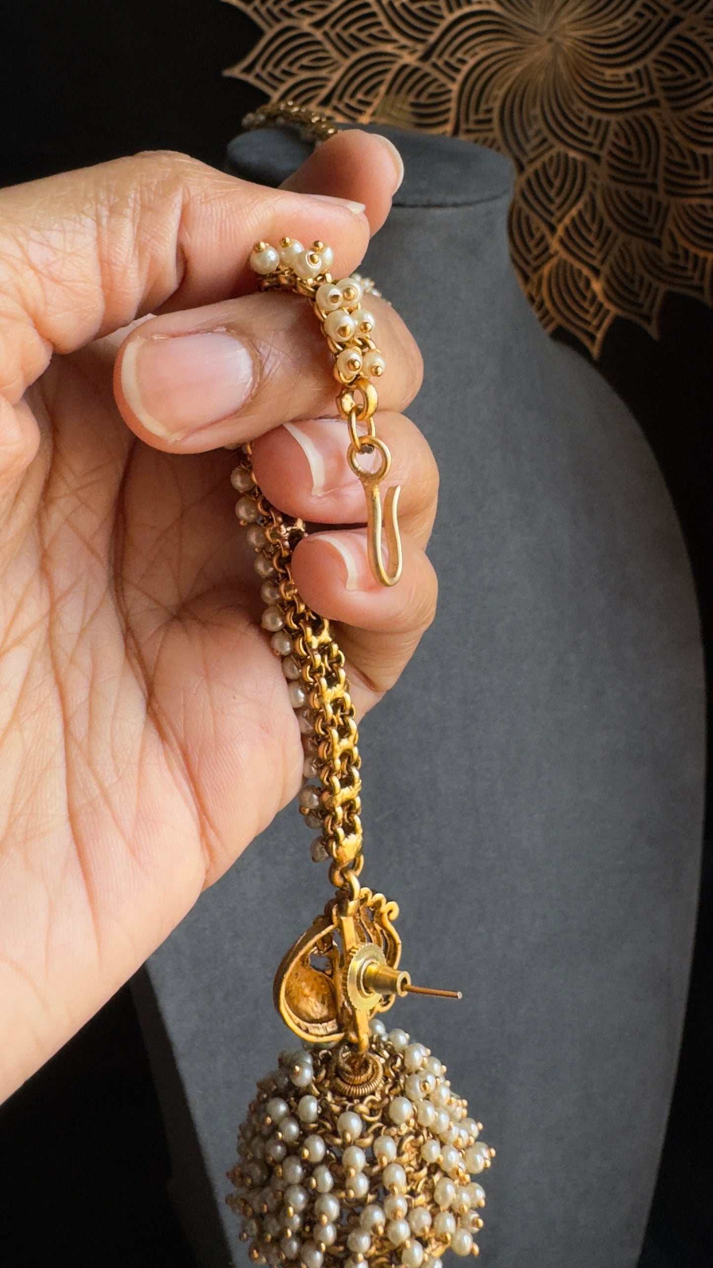 Peacock Cluster Pearl Jhumka with Ear Chain - TRADITIONAL