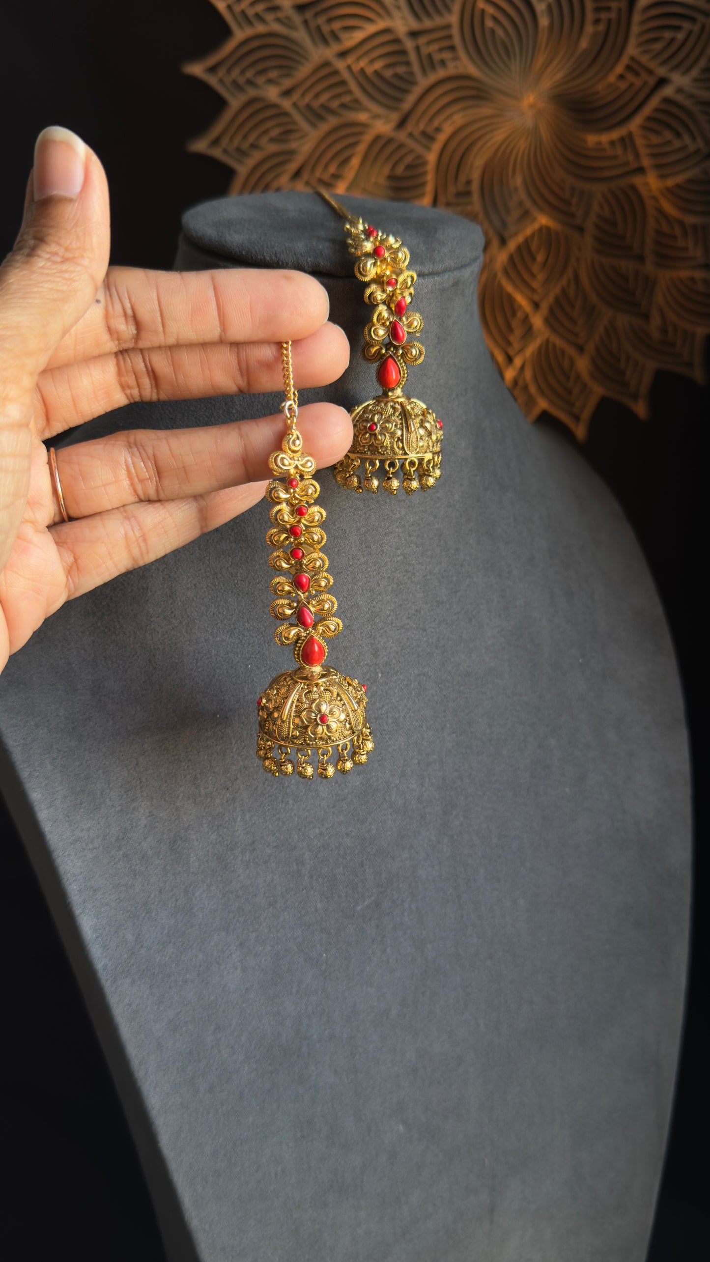 Coral Gold Jhumka with Ear Chain - TRADITIONAL