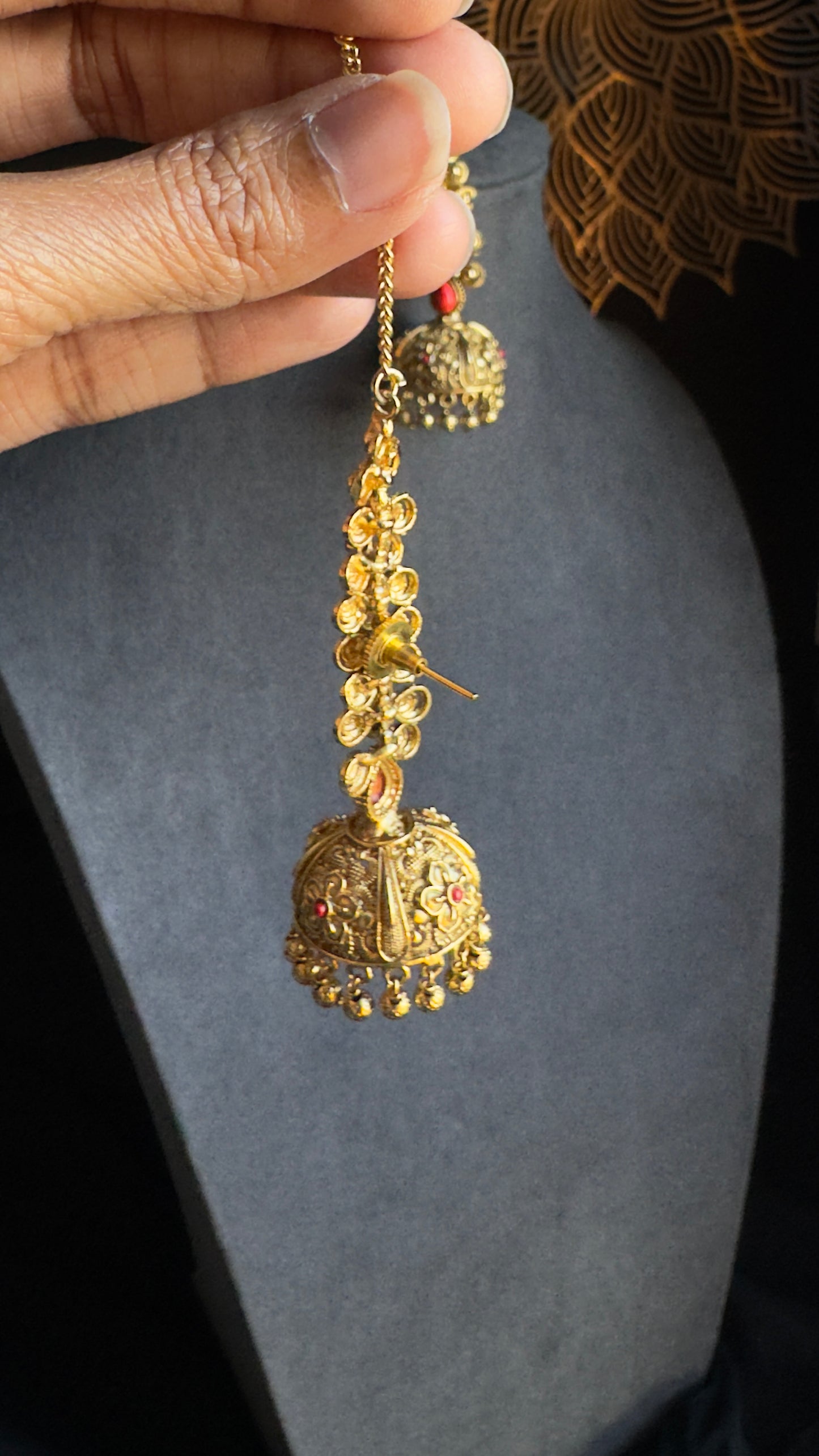 Coral Gold Jhumka with Ear Chain - TRADITIONAL