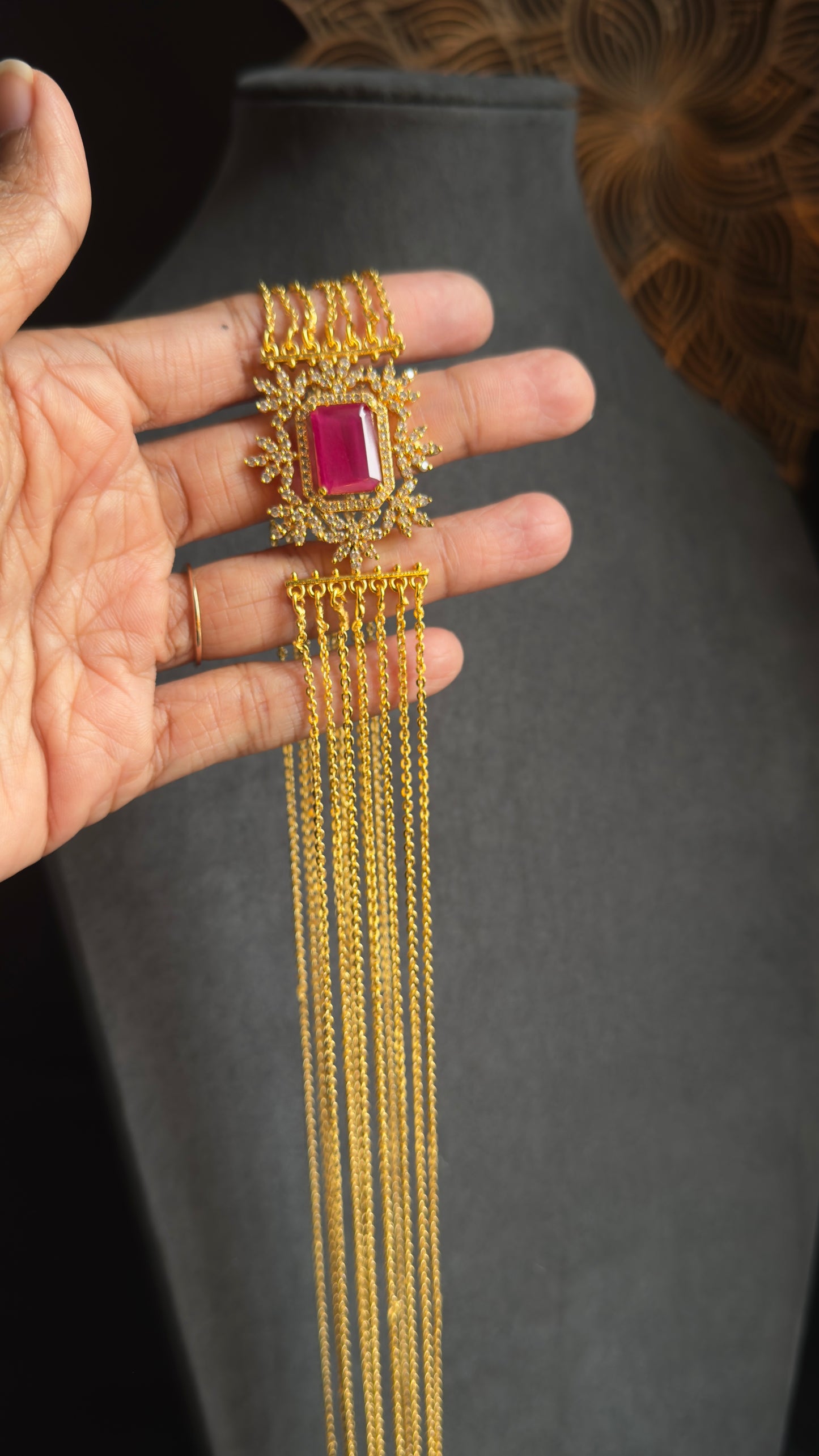 Ruby Gold-Plated Raani Haar Necklace Set - LONG NECKLACE