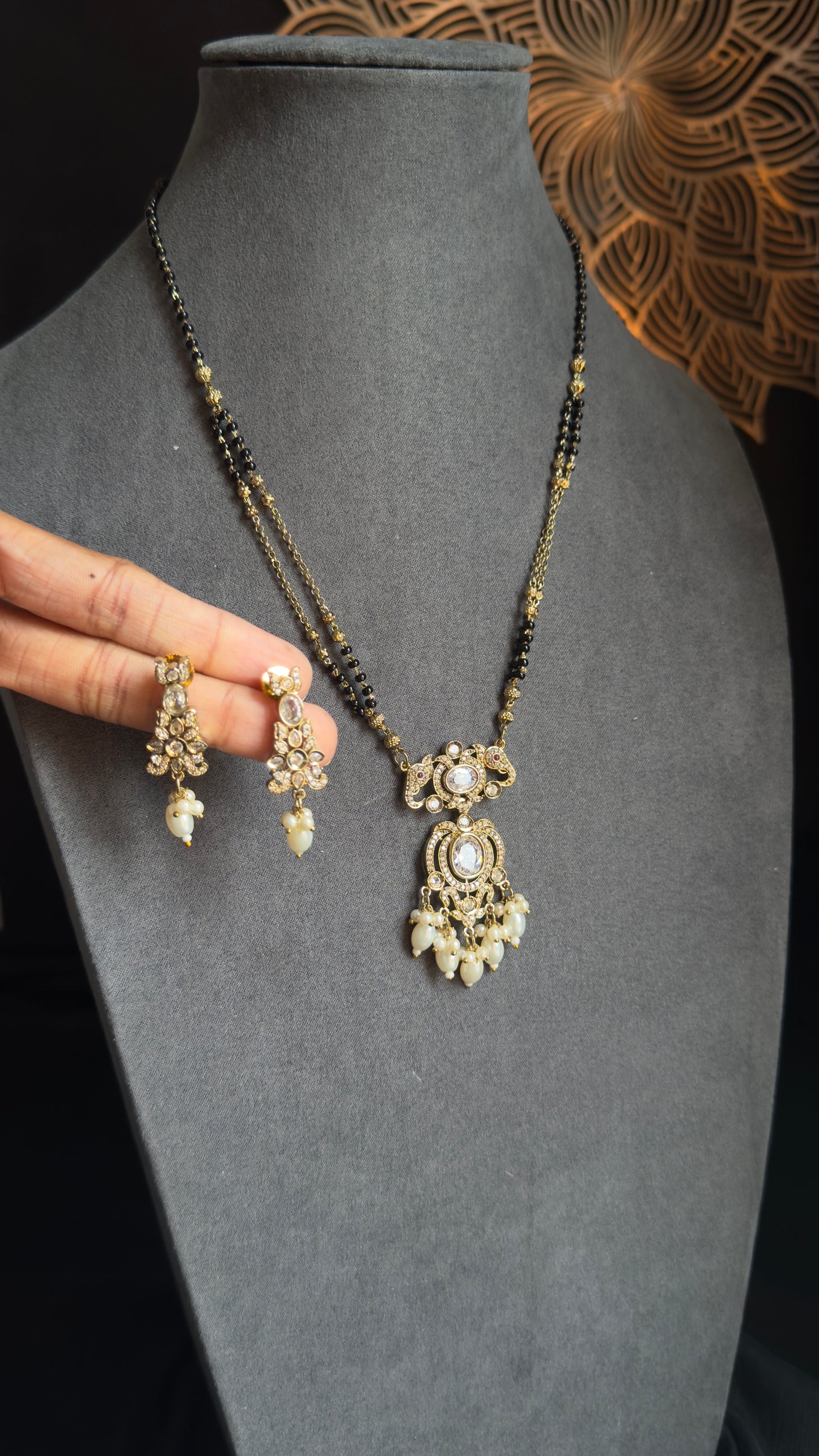 Victorian Finish Kundan and Pearl Mangalsutra Set - Indian Bridal Jewelry