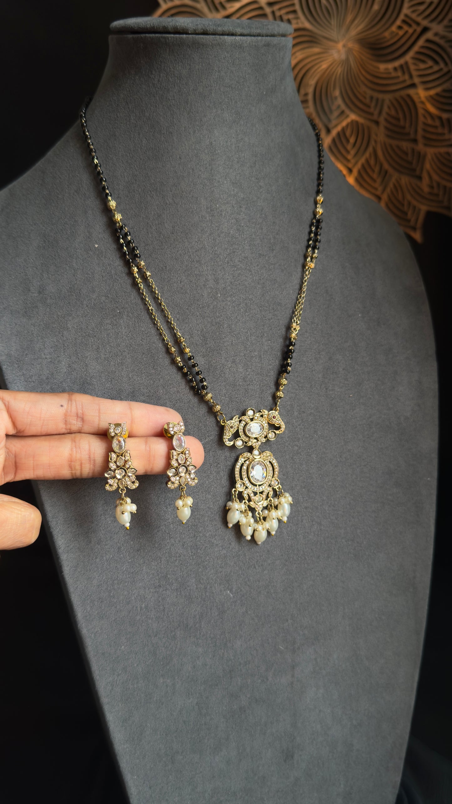 Victorian Finish Kundan and Pearl Mangalsutra Set - Indian Bridal Jewelry