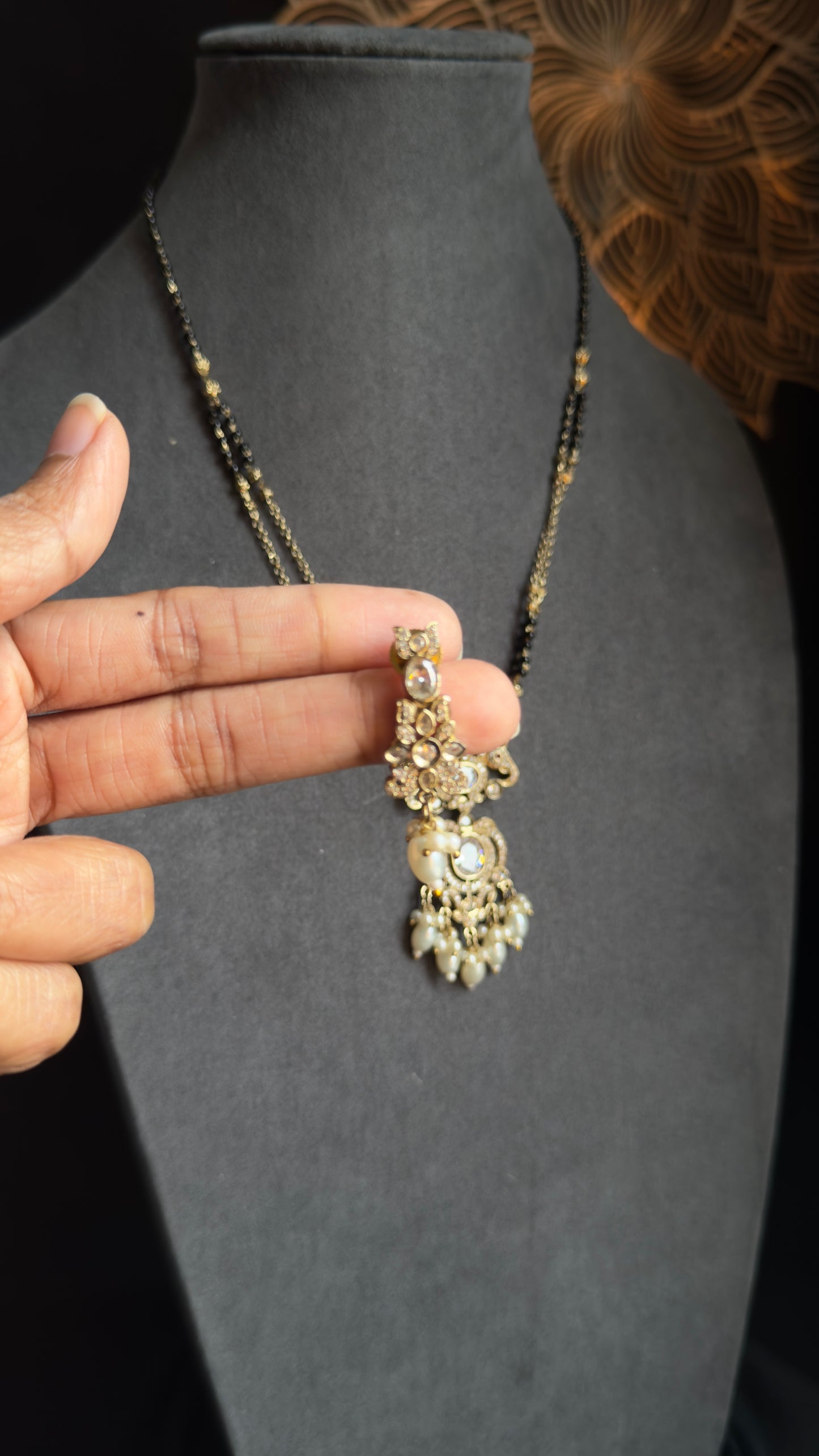 Victorian Finish Kundan and Pearl Mangalsutra Set - Indian Bridal Jewelry