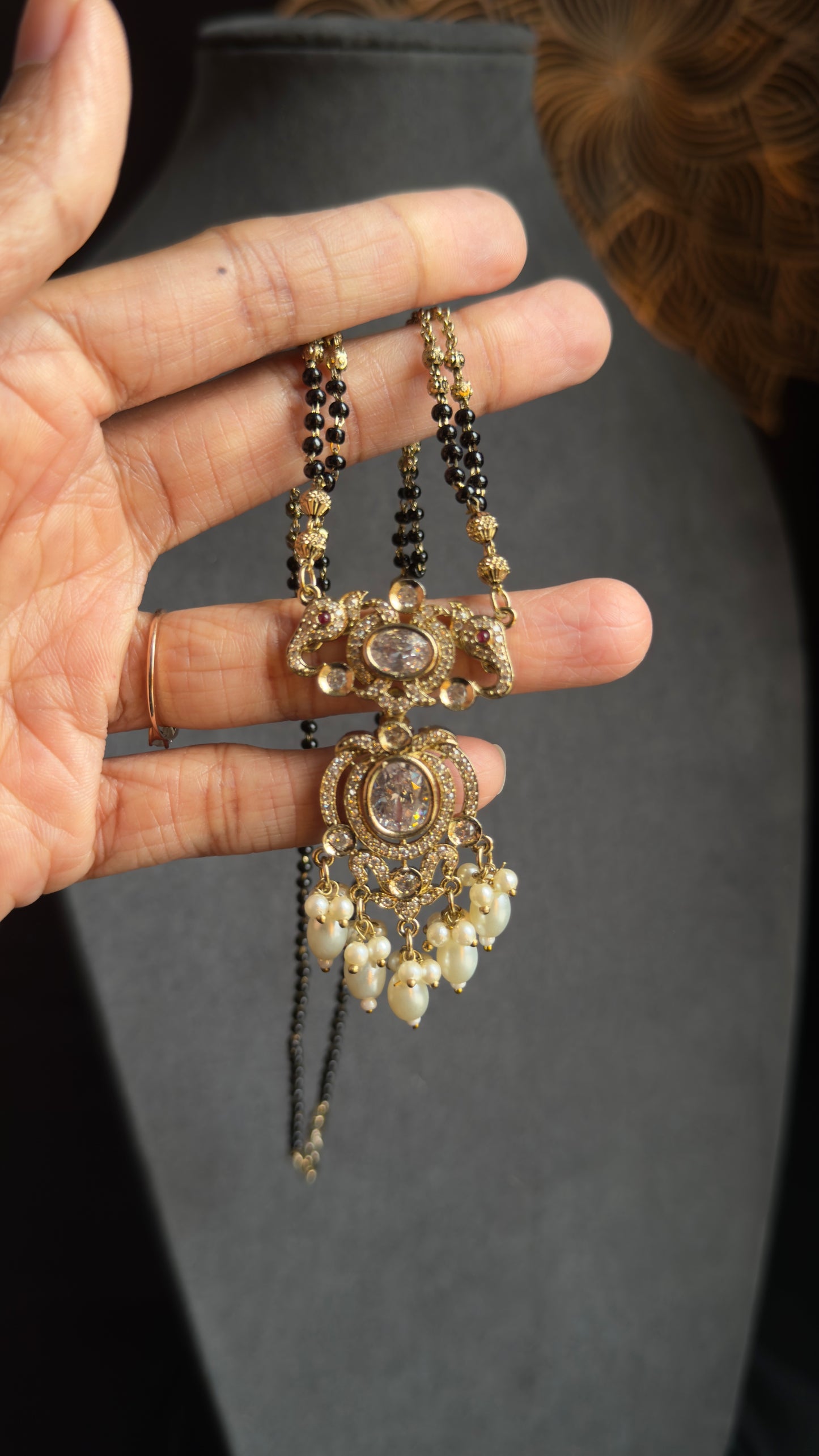 Victorian Finish Kundan and Pearl Mangalsutra Set - Indian Bridal Jewelry