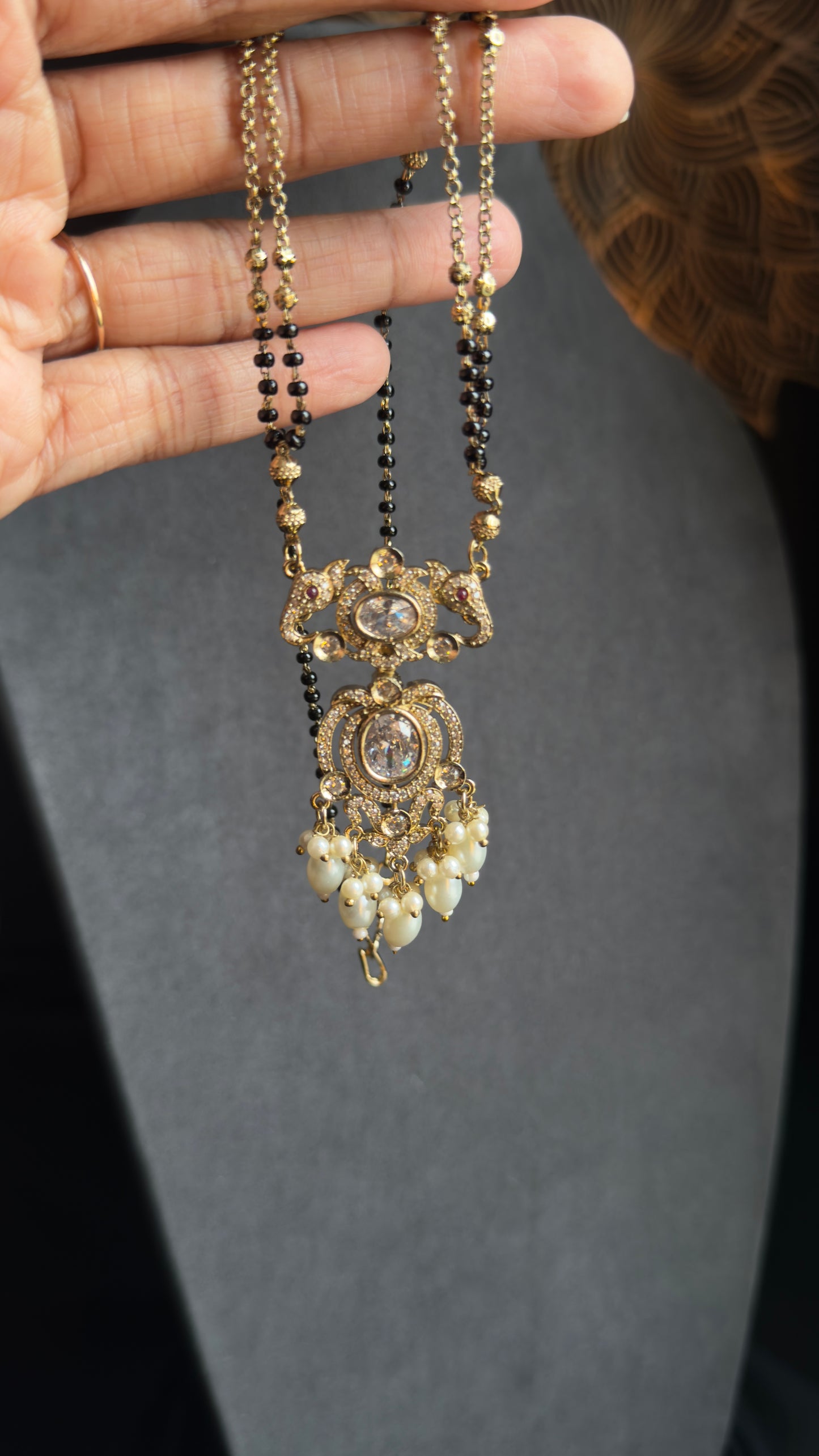 Victorian Finish Kundan and Pearl Mangalsutra Set - Indian Bridal Jewelry