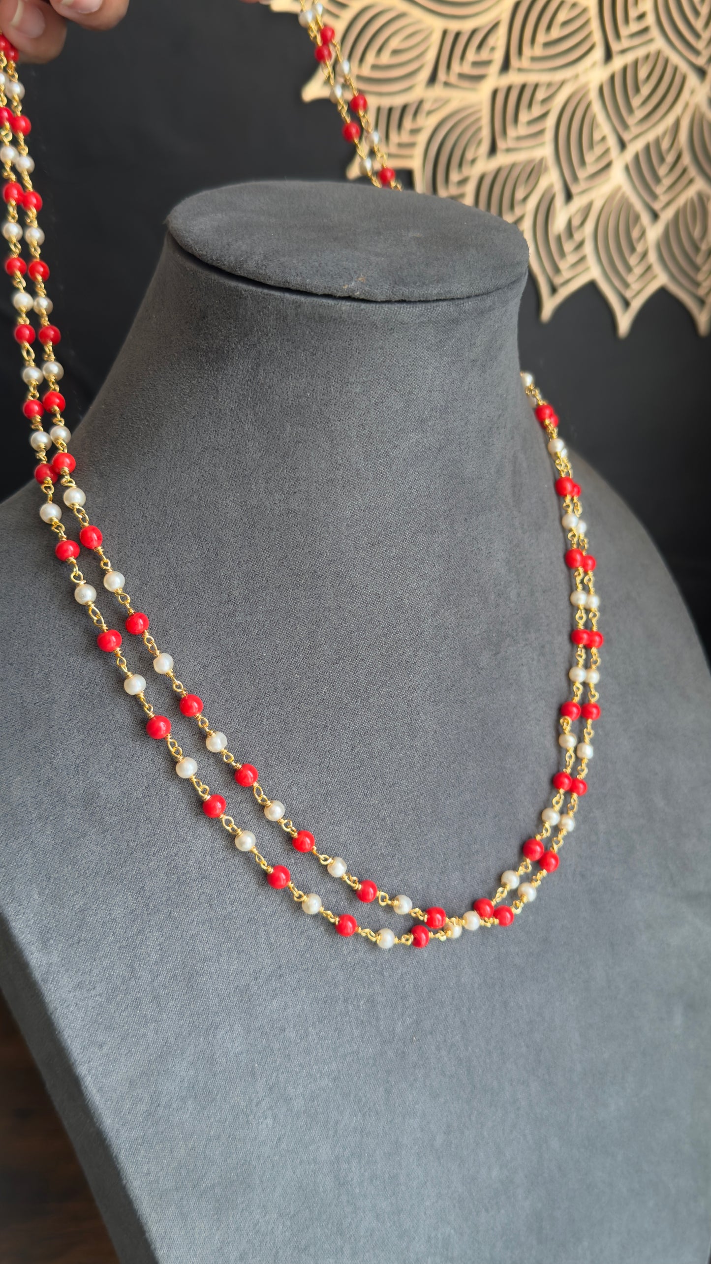 Elegant 23.5ct MicroGold 2-Layer Coral, Pearl Indian Necklace