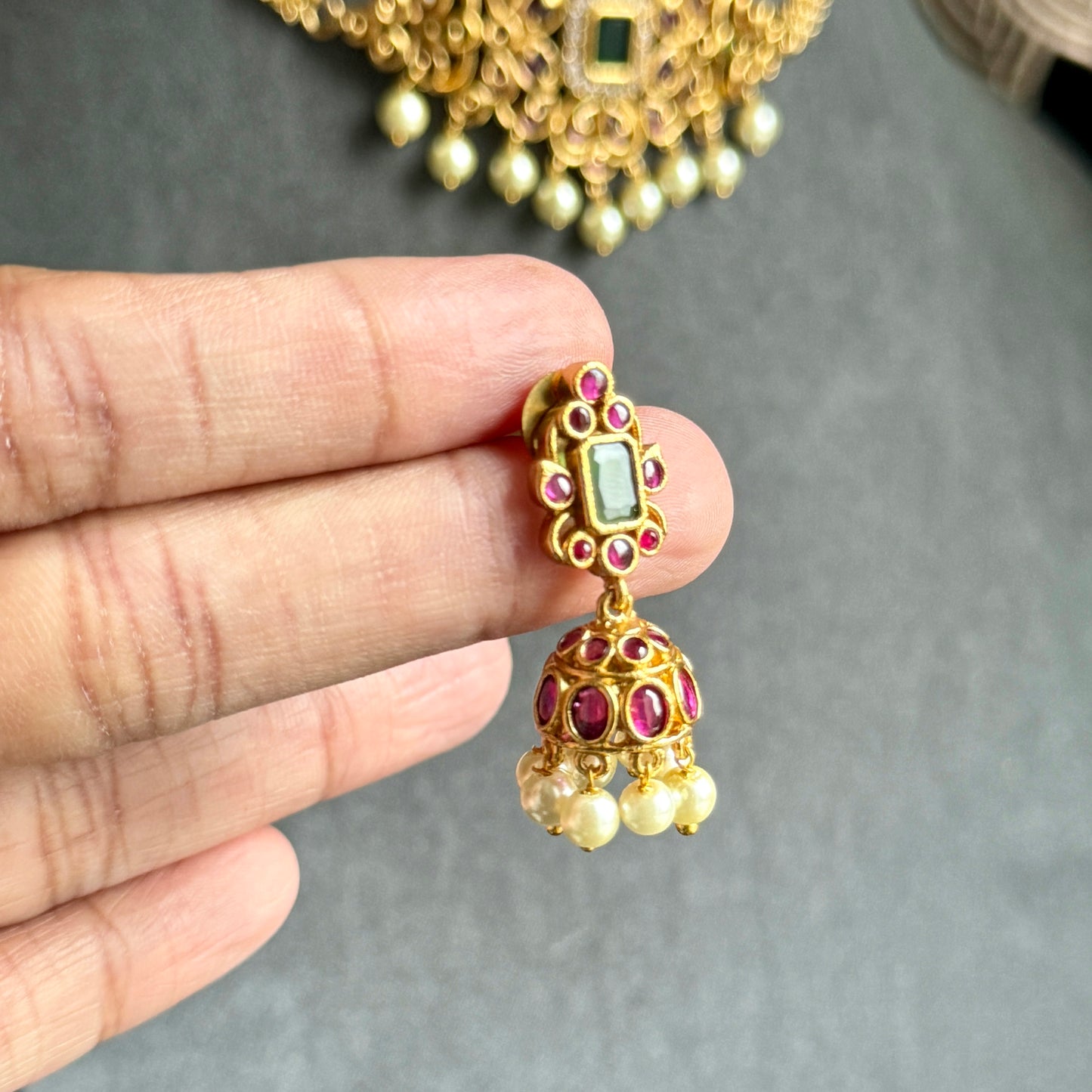 Traditional Gold Choker Set with Red/Green Kemp Stones Jhumka - TRADITIONAL