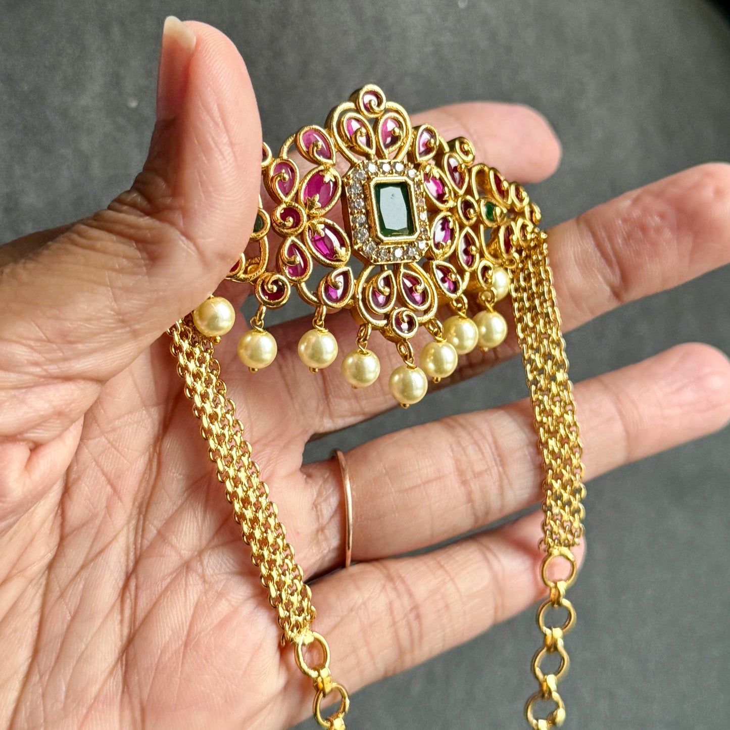 Traditional Gold Choker Set with Red/Green Kemp Stones Jhumka - TRADITIONAL