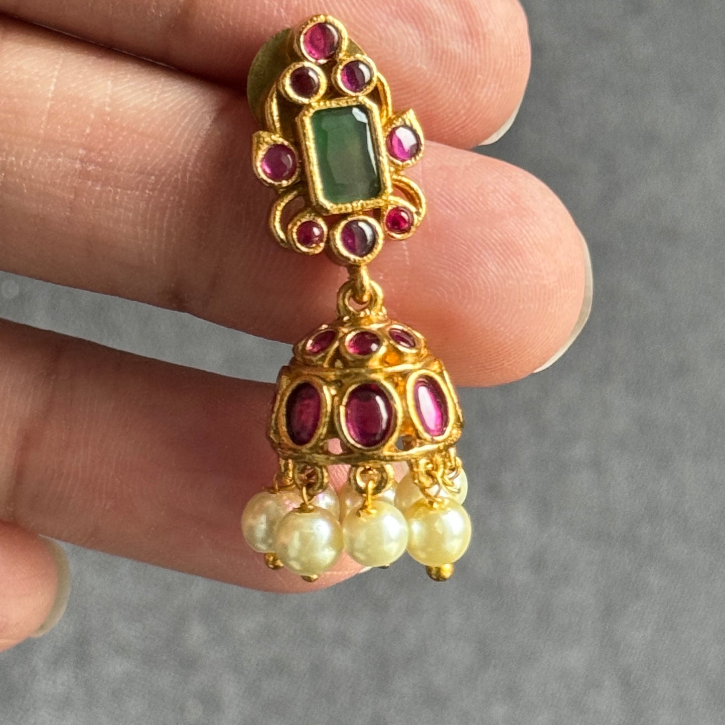 Traditional Gold Choker Set with Red/Green Kemp Stones Jhumka - TRADITIONAL