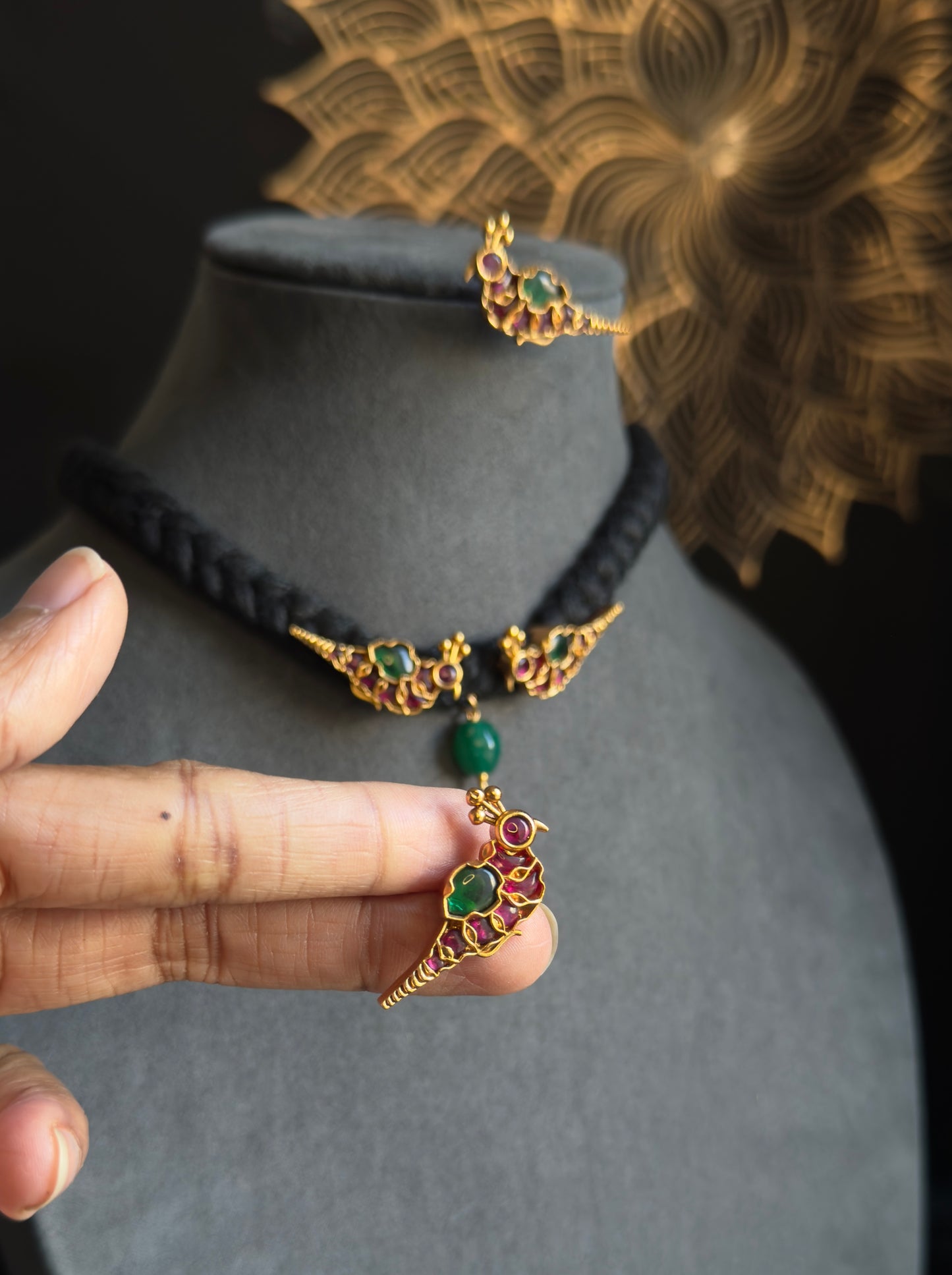 Black Silk thread bird Gold Necklace Set - TRADITIONAL