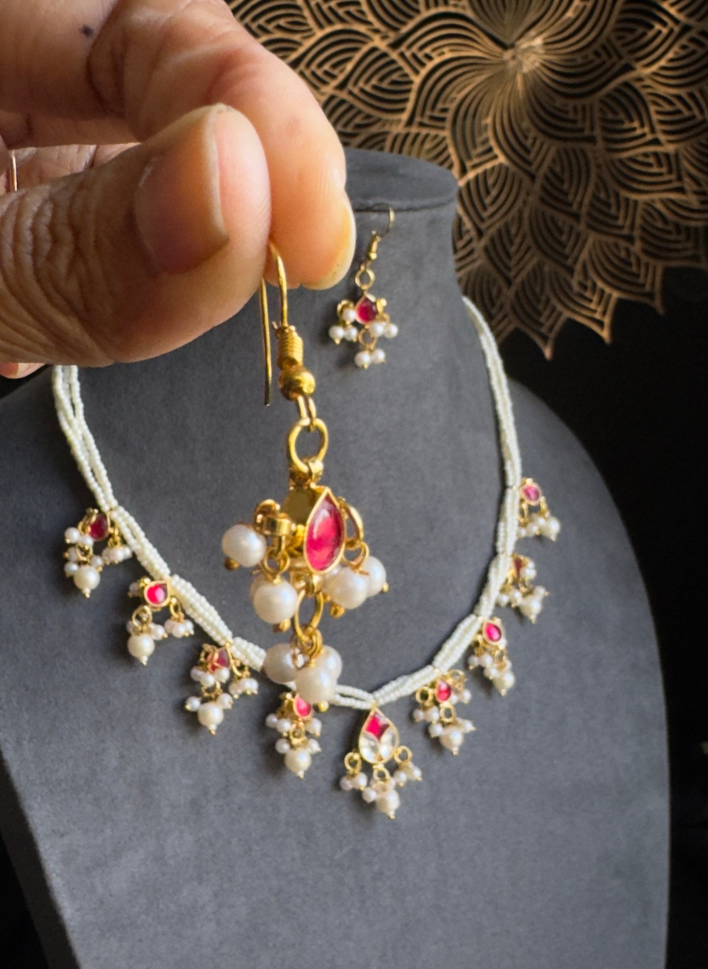 Delicate Jadau Pearl layer Necklace Set hoop earring - FUSION