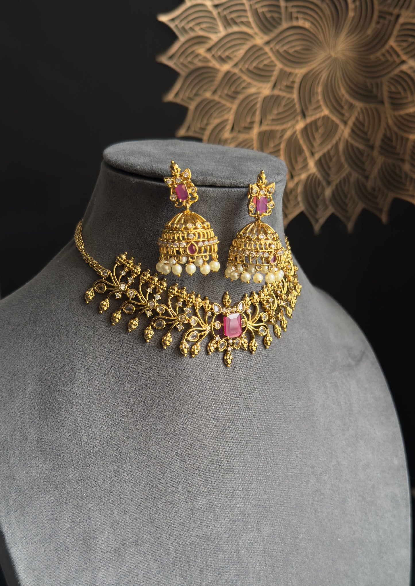 Gold South Indian Kemp AD Choker Indian Jewelry Necklace Set jhumka earrings - FUSION