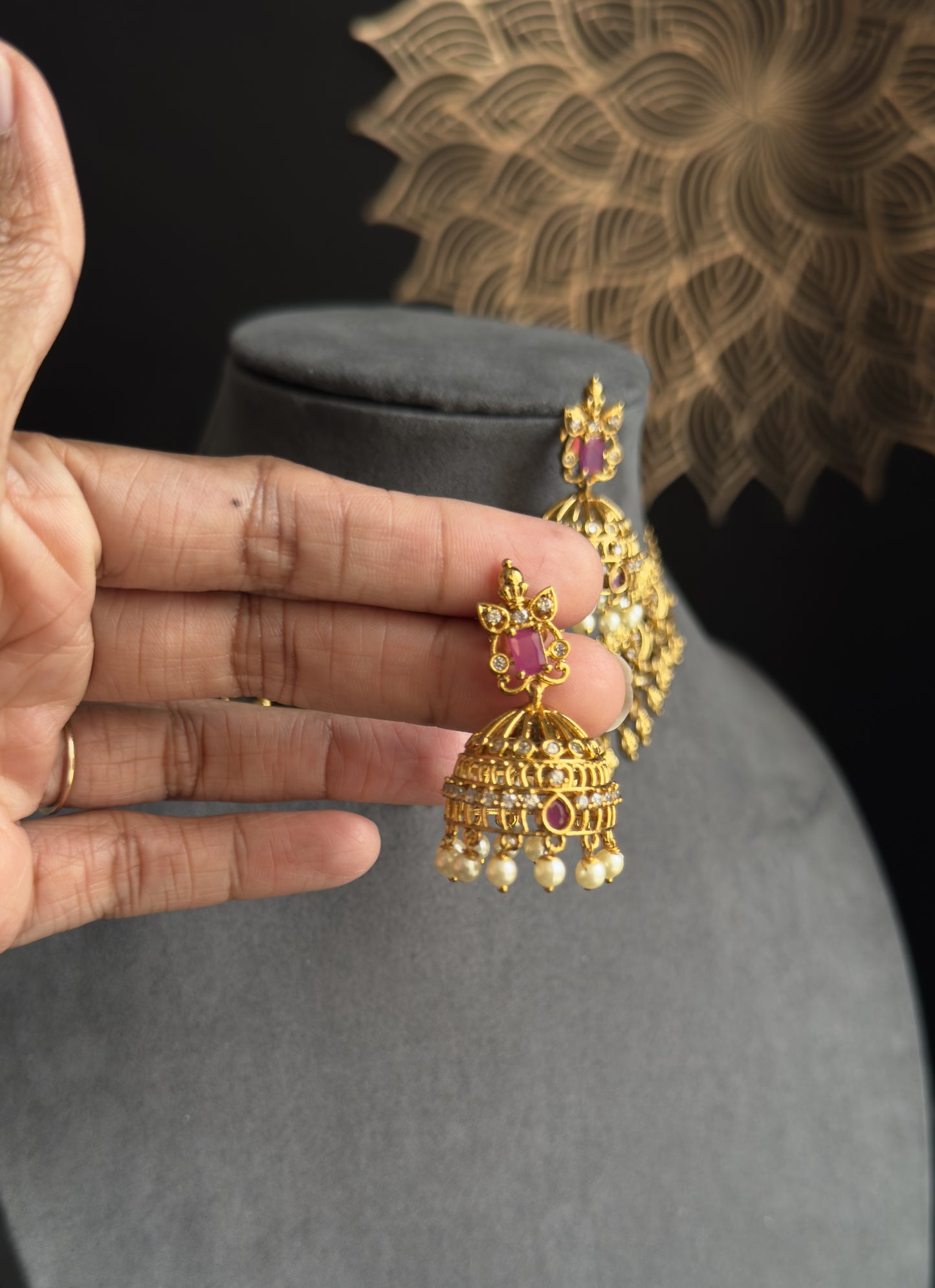 Gold South Indian Kemp AD Choker Indian Jewelry Necklace Set jhumka earrings - FUSION
