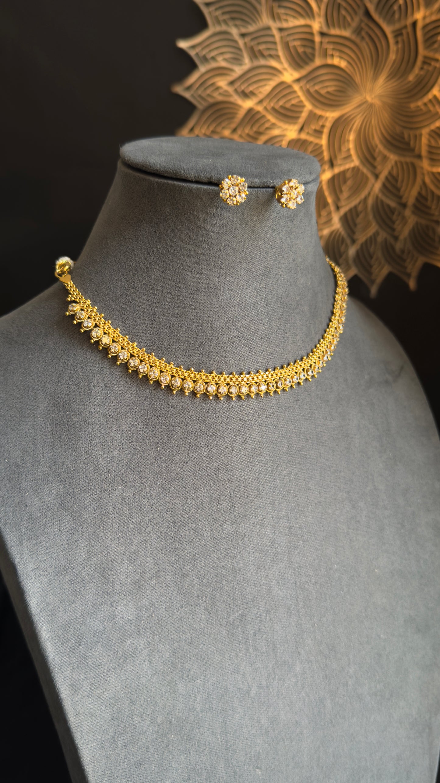 Dainty american diamond row Gold South Indian jewelry Necklace Set - TRADITIONAL