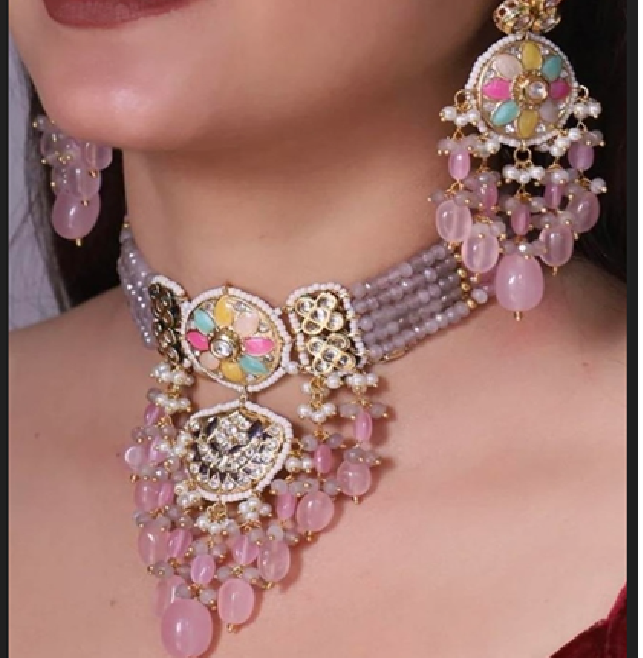 Pastel Gold-Plated Jadau & Meenakari Necklace Set - SPECIAL