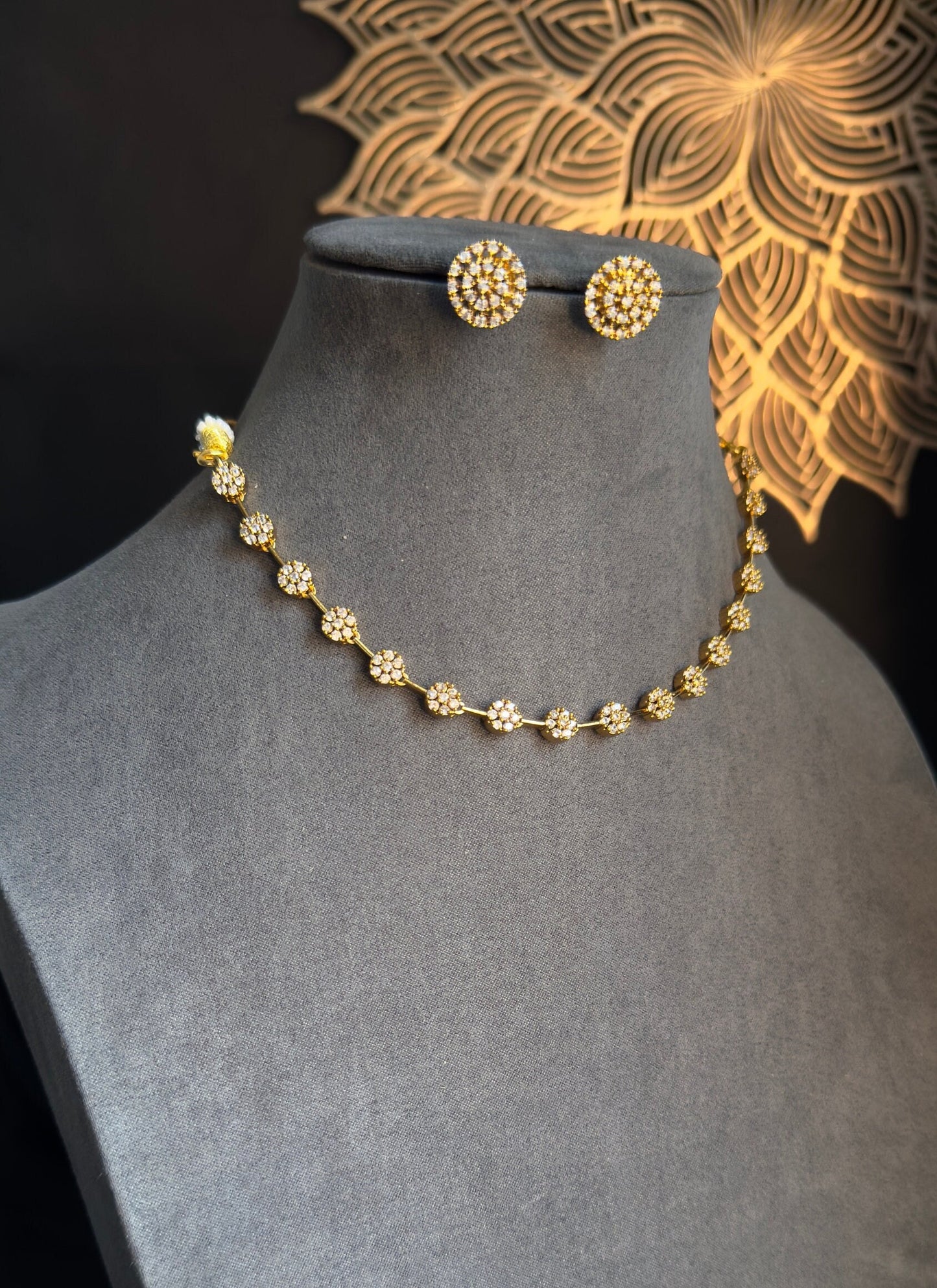 Dainty lightweight Gold Flower Necklace and stud Earrings - AMERICAN DIAMOND