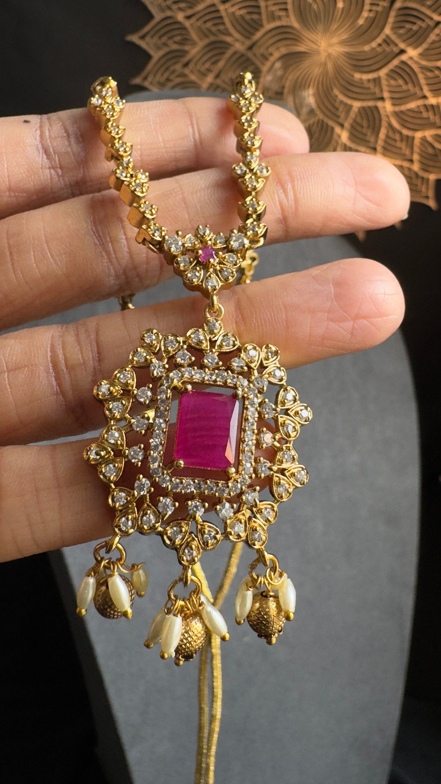 Ruby Pendant Chain Set with Rice Pearl Drops - TRADITIONAL