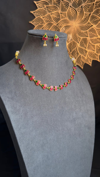 PANOPLY Dainty lotus hand painted Gold-Plated short necklace set/temple jewel/indian antique set/traditional jewel/south Indian jewelry