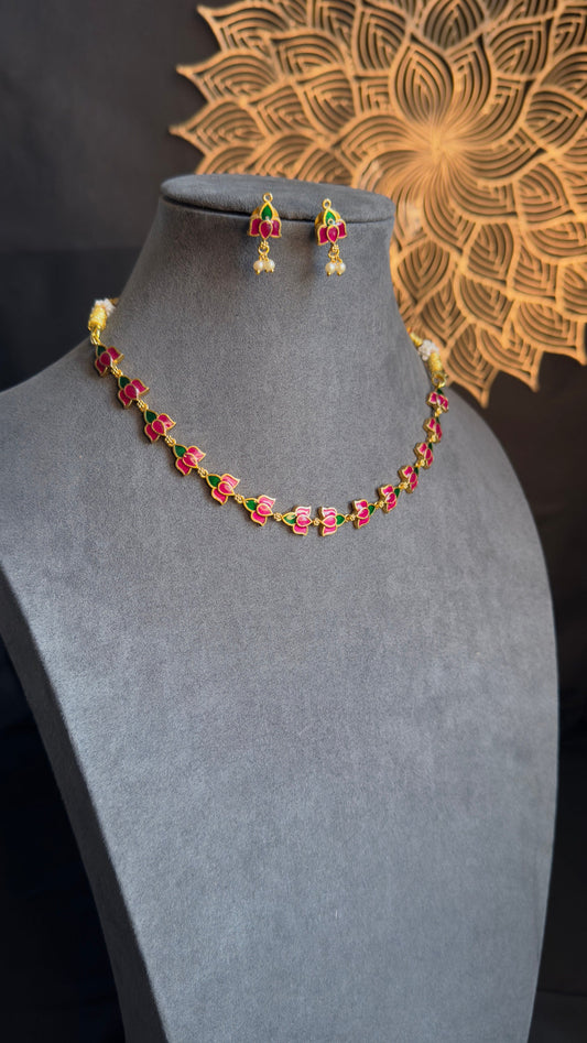 PANOPLY Dainty lotus hand painted Gold-Plated short necklace set/temple jewel/indian antique set/traditional jewel/south Indian jewelry