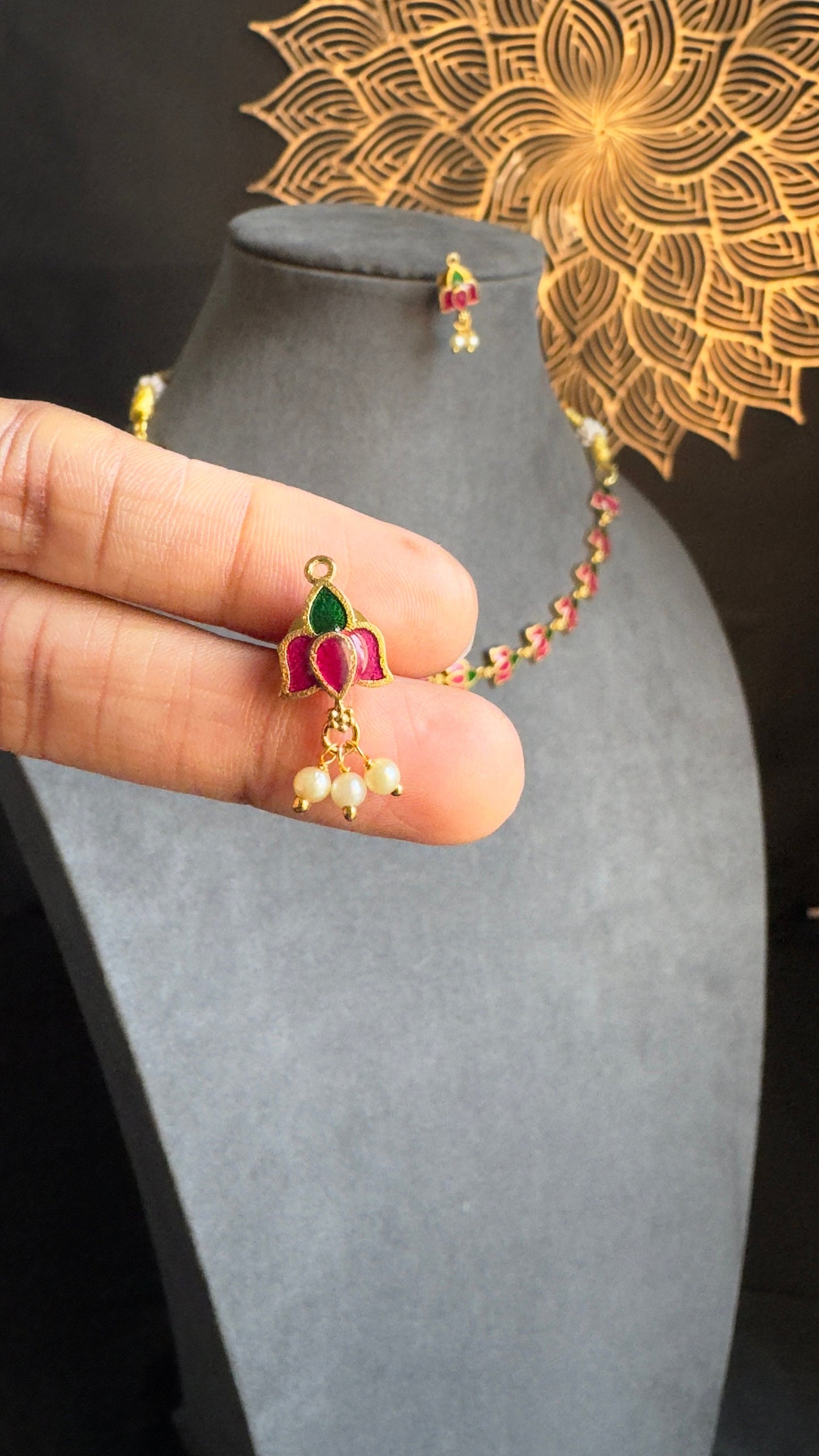 PANOPLY Dainty lotus hand painted Gold-Plated short necklace set/temple jewel/indian antique set/traditional jewel/south Indian jewelry